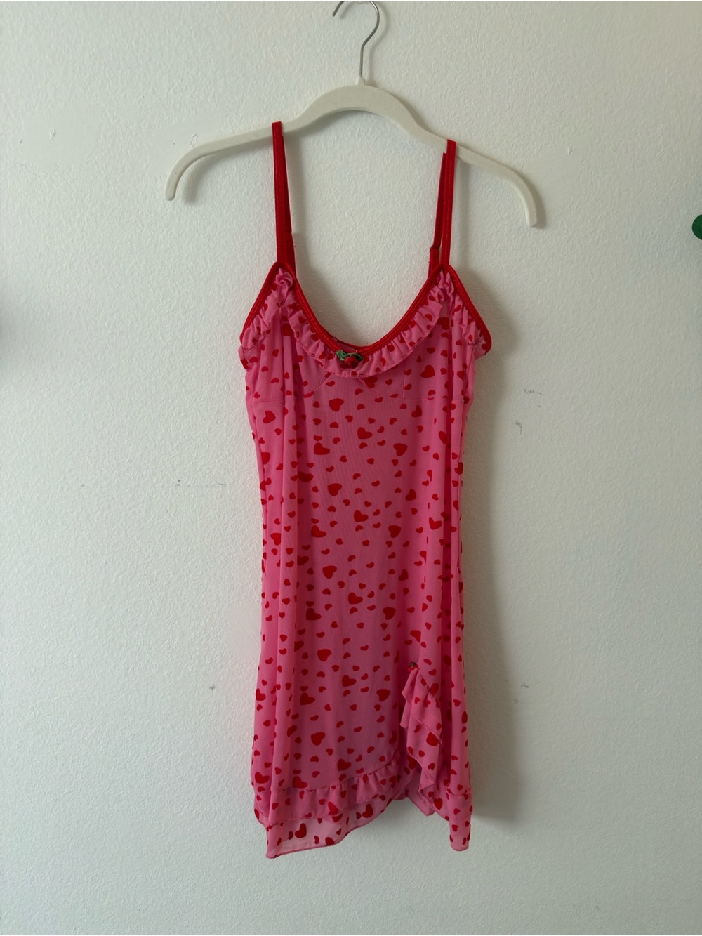 Sugar Thrillz Pink Chemise with Red Heart Print and Red Straps